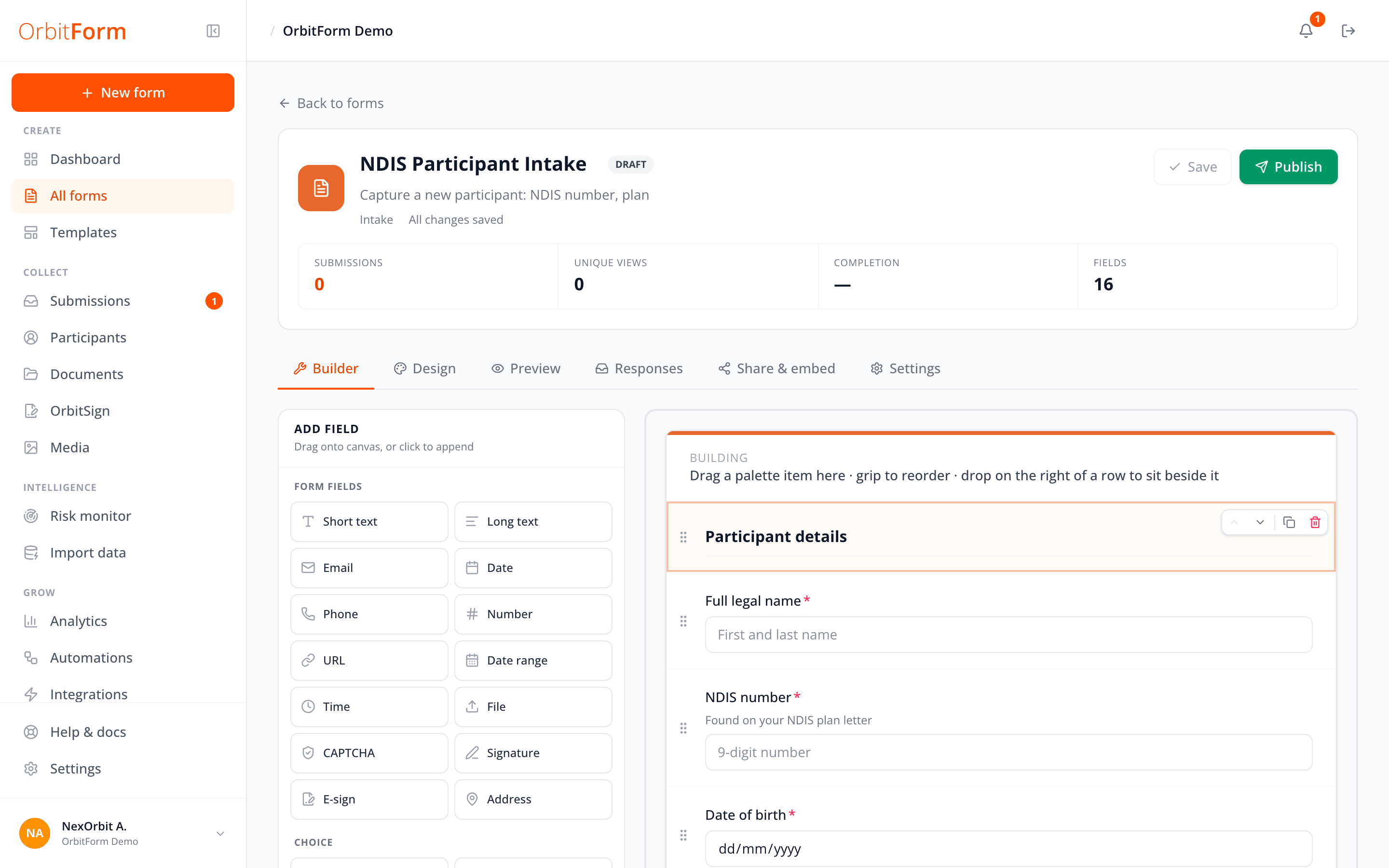 The OrbitForm builder, editing an NDIS Participant Intake form
