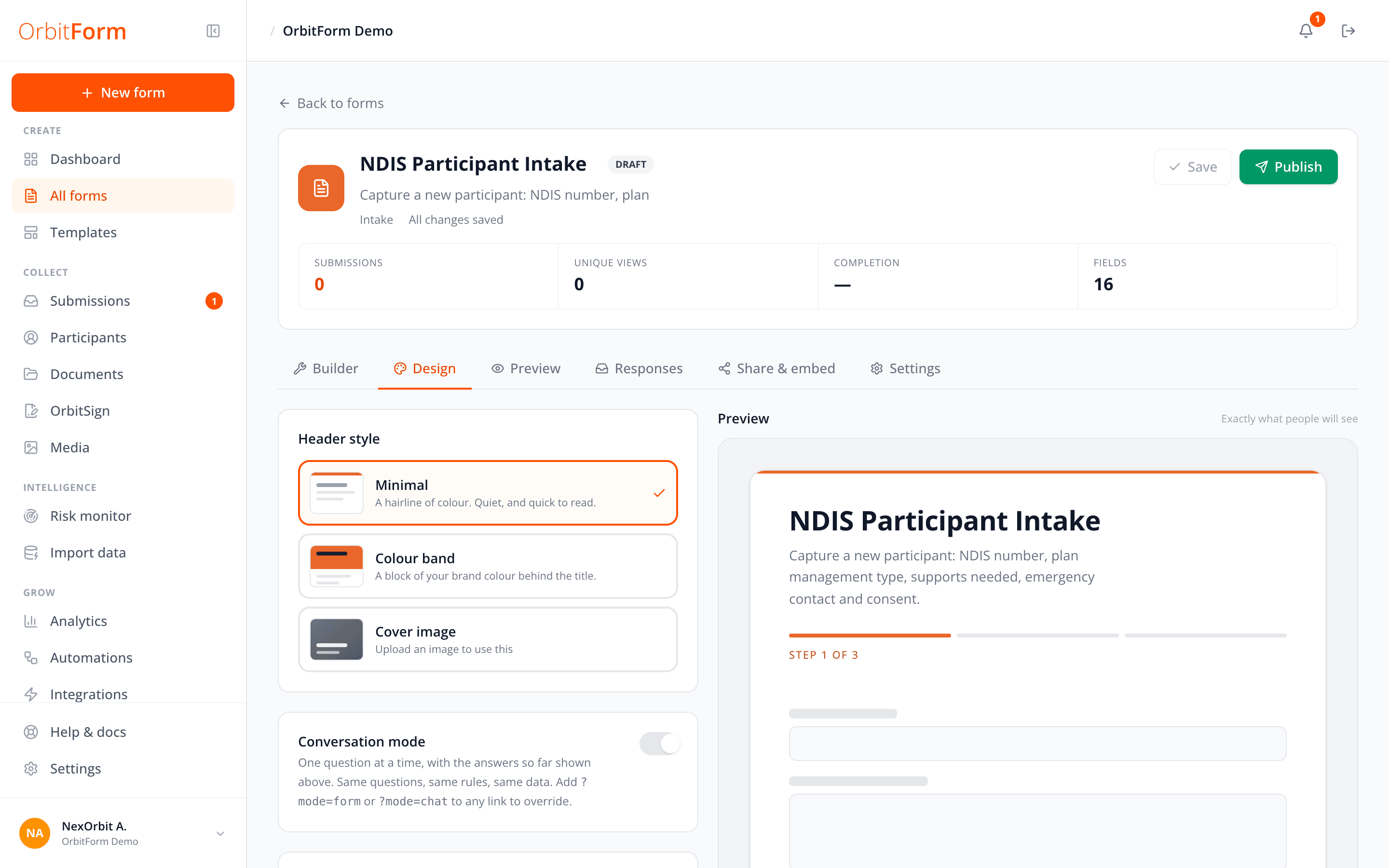 The Design tab, choosing a header style and colours with a live preview
